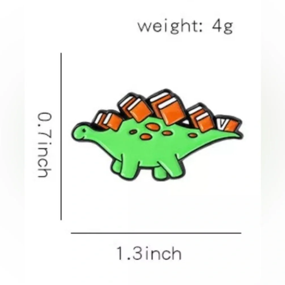 Women’s Jewelry Cute Green Happy Dinosaur with Orange Accents, and Orange Books